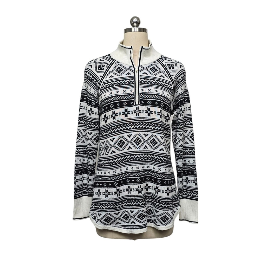Talbots ThermaWarmth Womens Medium Black White Fair‎ Isle Quarter Zip Sweater